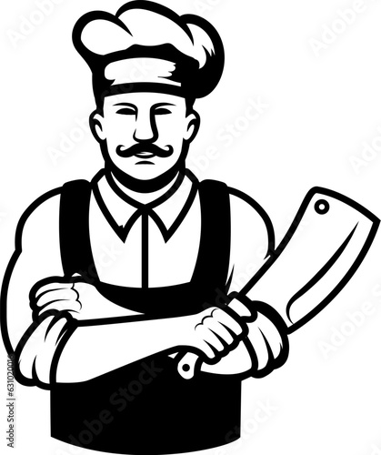 Illustration of a butcher with hatchet and meat. Design element for emblem, sign, badge. Vector illustration