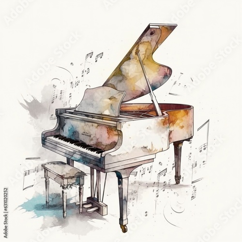 Piano and notes in watercolor style