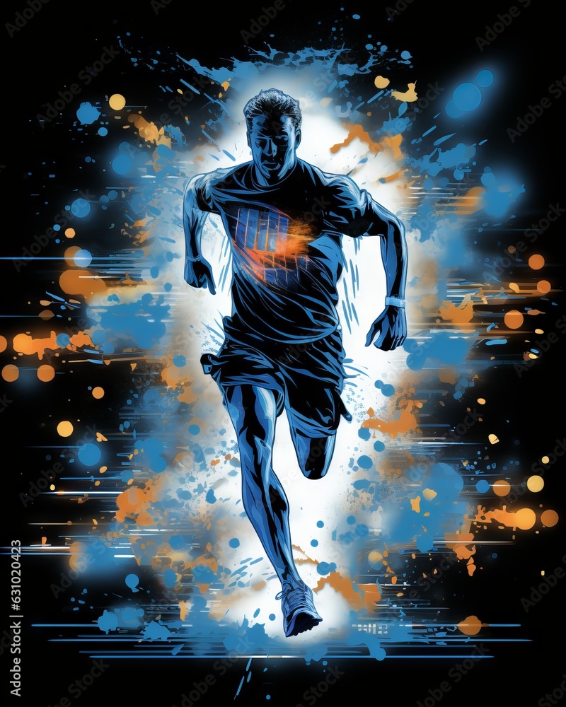 Obraz premium Dynamic quantum wave-tracing t-shirt design featuring stylish computer art and running player, t-shirt design, Generative AI