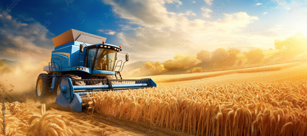 Amidst the sun-kissed fields, farmers and their reliable combine ...