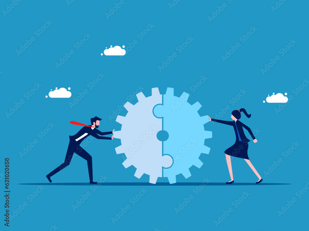 Business cooperation. Two businessmen pushing a cogwheel together. vector