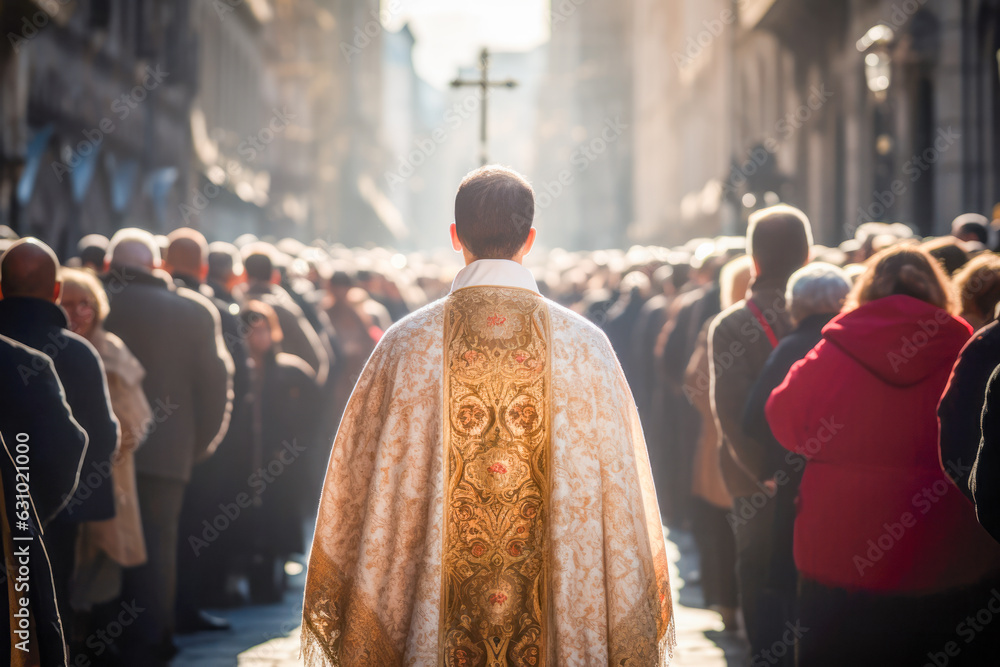 In a crowded street, a mass celebration unfolds with fervent prayer and religious devotion. A holy ceremony led by a Catholic priest, uniting people in faith and Christian beliefs. - obrazy, fototapety, plakaty 