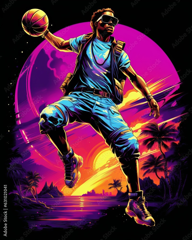 Dynamic Basketball Player Vector Illustration with Synthwave Vibes - Vibrant T-Shirt Design - player on the ball, Generative AI
