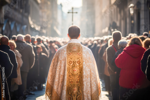 Obraz na płótnie In a crowded street, a mass celebration unfolds with fervent prayer and religious devotion. A holy ceremony led by a Catholic priest, uniting people in faith and Christian beliefs. w salonie