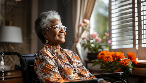 Fotografia A senior retired African American woman at home, sitting in a wheelchair looking