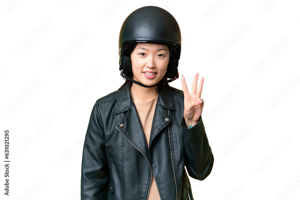Young Asian woman with a motorcycle helmet over isolated chroma key background happy and counting three with fingers Young Asian woman with a motorcycle helmet over isolated chroma key background happy and counting three with fingers