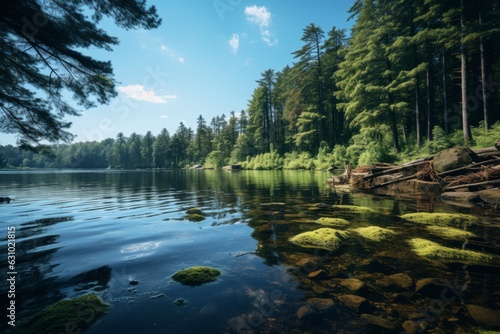 Calm And Peaceful Lake Surrounded By Trees  Generative AI.
