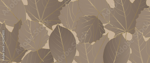 Brown autumn background with golden leaves. Background for decor, wallpapers, postcards and presentations.