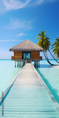 Luxury Maldives tropical island beach resort travel vacation villa. Generative AI image © JoelMasson
