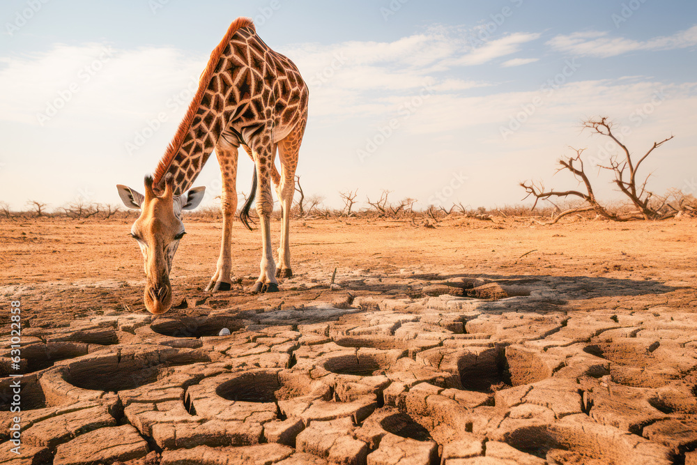 giraffe in an arid and dry landscape during a severe drought, seeking water in a dangerous environment affected by climate change and global warming. - obrazy, fototapety, plakaty 