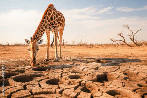 giraffe in an arid and dry landscape during a severe drought, seeking water in a dangerous environment affected by climate change and global warming.