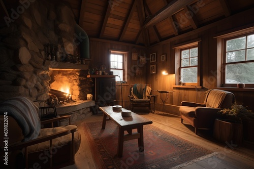 A cozy and rustic living room with a wood-burning. Generative AI