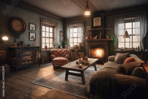A cozy and rustic living room with a wood-burning. Generative AI © create interior