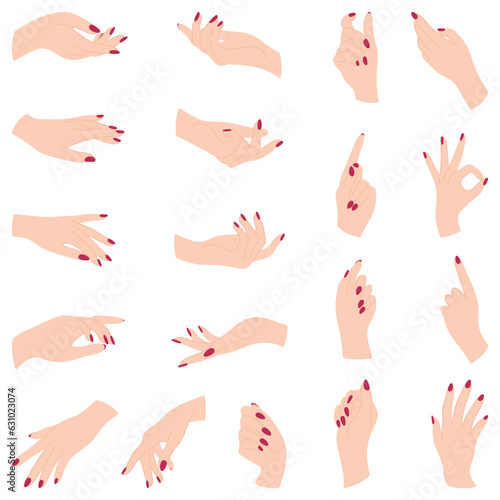 Set of beautiful female manicured hands. Collection of elegant arms with wrists and fingers. Different signals and gesturing expression. Finger pointing and gestures. Non-verbal language.