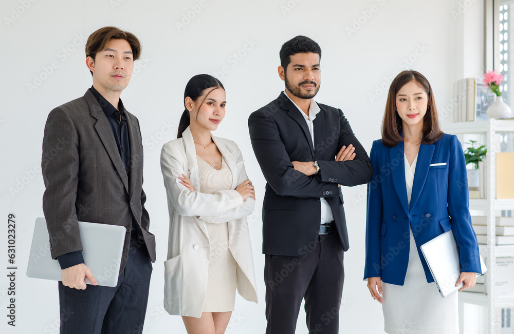 Portrait shot Asian Indian multinational professional successful male businessmen and female businesswomen management in formal business suit wear standing crossed arms smiling side by side together Portrait shot Asian Indian multinational professional successful male businessmen and female businesswomen management in formal business suit wear standing crossed arms smiling side by side together