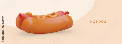 Horizontal advertising hot dog with sauce. Long bun with meat filling. Street fast food. Poster for food track, stall, cafe, bar, bistro. Vector template on colored background. Time to eat