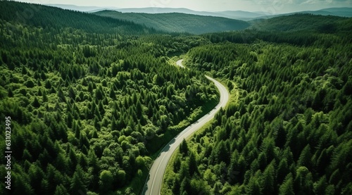 Fototapeta Naklejka Na Ścianę i Meble -  Aerial aerial road winding path forest tree canopy