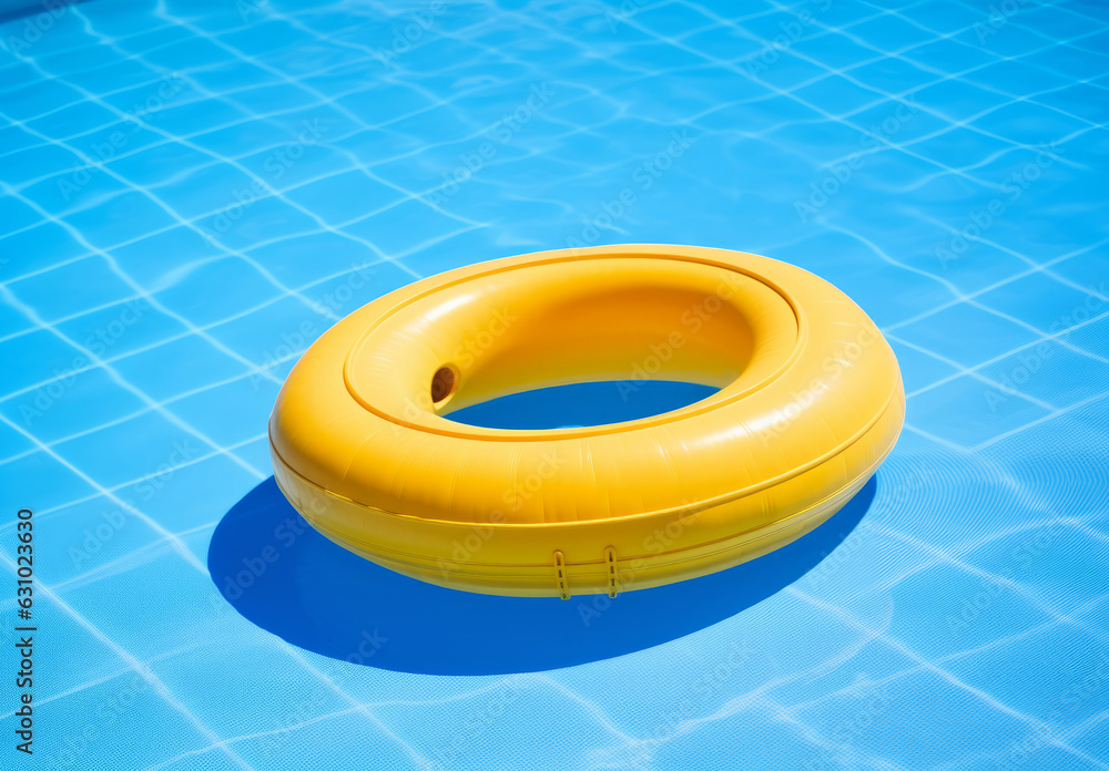A blue bottom swimming pool with blue water below a large yellow rafting in the mid A blue bottom swimming pool with blue water below a large yellow rafting in the mid
