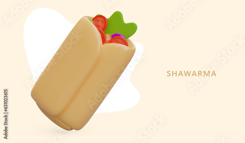 3D shawarma on colored background. Vegetarian pita with vegetable filling. Hot burrito. Takeaway fast food. Portioned food. Doner house menu. Vector template