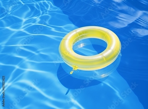 A blue bottom swimming pool with blue water below a large yellow rafting in t...