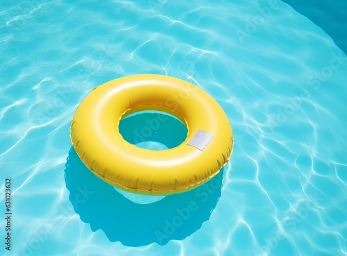 A blue bottom swimming pool with blue water below a large yellow rafting in t...