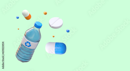 Medical web poster with place for text. 3d plastic bottle with water and different pills. Time to take medicine concept. Vector illustration with green background
