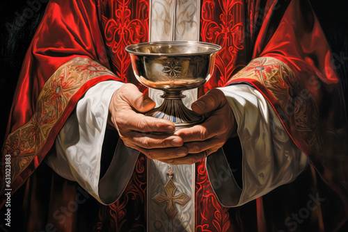 Canvas Print In a religious ceremony, the priest offers communion with a cup of wine, symbolizing the holy sacrament in Christianity and the connection with God
