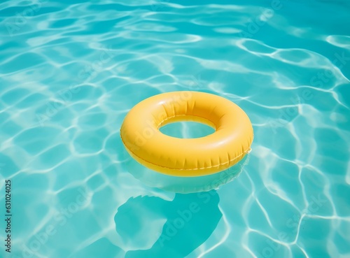 A blue bottom swimming pool with blue water below a large yellow rafting in the mid