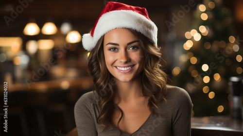 Beautiful joyful girl in Santa Claus hat smiling and looking at camera. Generative Ai.