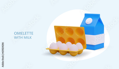 3d realistic products for omelet. Pack with milk and eggs for prepare food. Ad poster for food store with natural products. Vector illustration with blue background