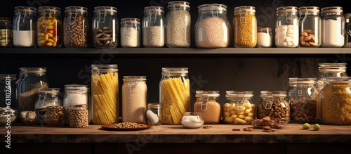 Storage jars containing flour and various types of pasta are placed on the kitchen countertop, providing