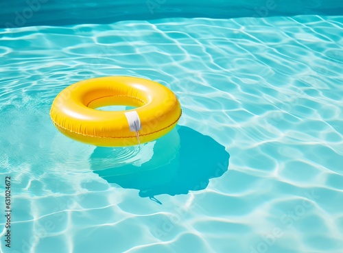 A blue bottom swimming pool with blue water below a large yellow rafting in t...