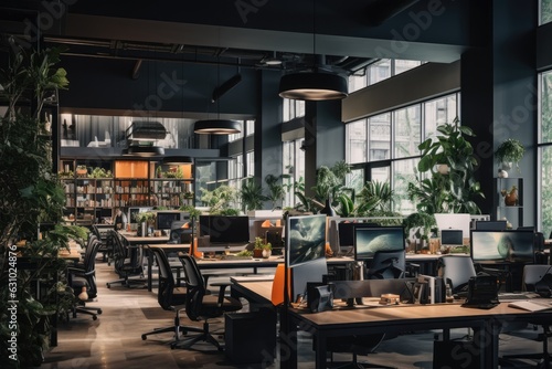 Open office layout with flexible workstations, encouraging spontaneous interactions and collaboration among team members - Generative AI