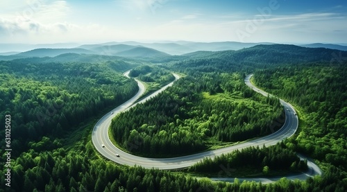 Aerial aerial road winding path forest tree canopy