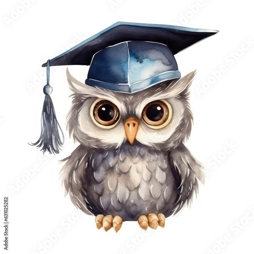 Cute watercolor owl in graduarion cap isolated