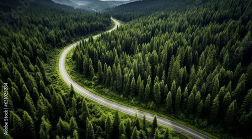 Aerial aerial road winding path forest tree canopy