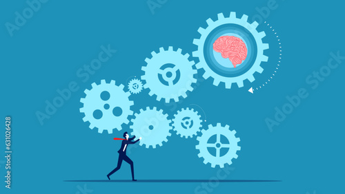 Brain thought processes. Businessman connecting brain gears vector