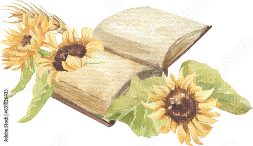 Book open with sunflower flowers