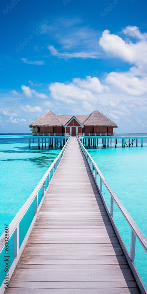 Luxury Maldives tropical island beach resort travel vacation villa. Generative AI image