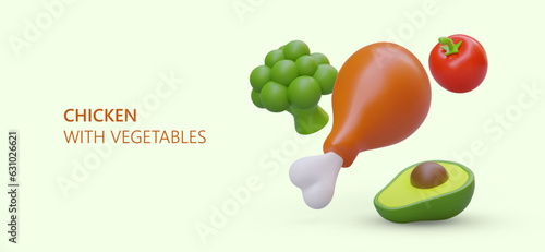 Cooked chicken drumstick with tasty avocado, tomato and broccoli. Concept of chicken with vegetables. Poster with food and place for text for store. Vector illustration