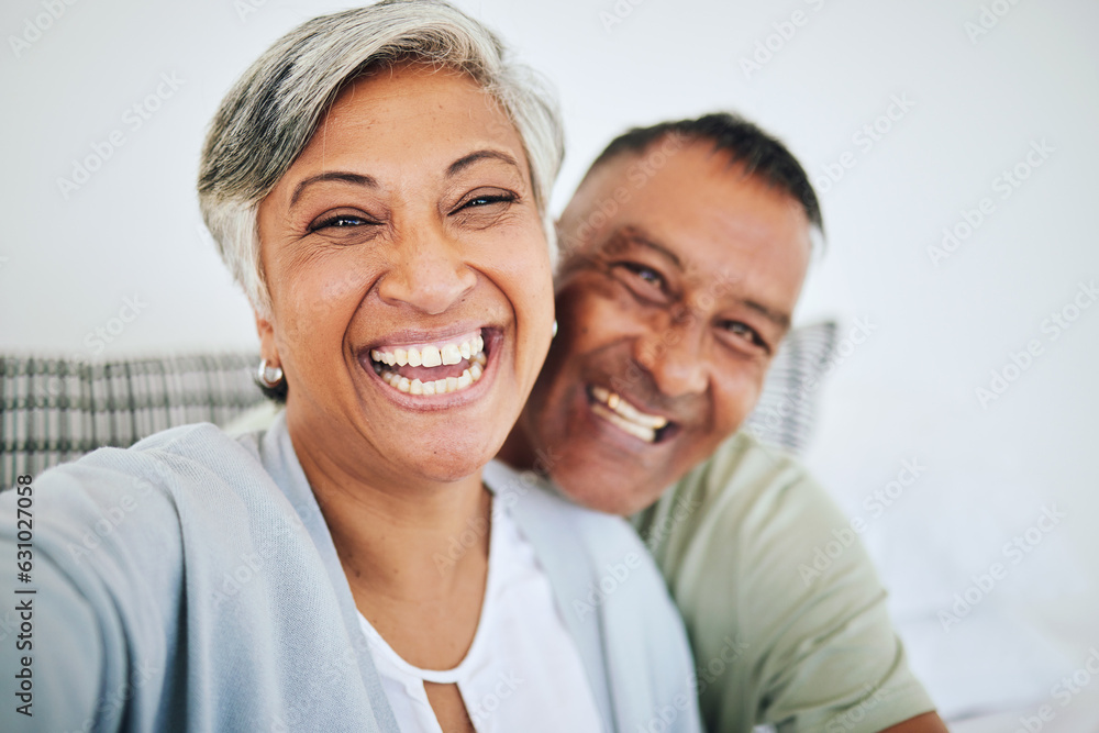 Happy senior couple, portrait smile and selfie for social media, photography or memory together at home. Excited elderly woman and man in happiness for photo, picture or online post in the bedroom Happy senior couple, portrait smile and selfie for social media, photography or memory together at home. Excited elderly woman and man in happiness for photo, picture or online post in the bedroom