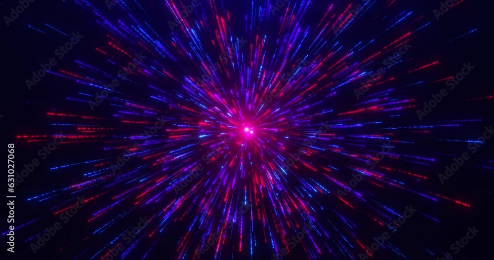 Bright particle explosion, neon fireworks, high speed flight lines, digital lights speed, technology tunnel, neon light movement. space meteor shower scene. Seamless loop 3D animation, 4K.