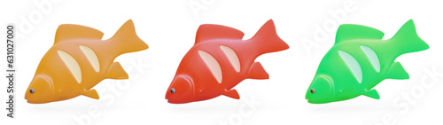 Set of 3D fish in different colors. Whole grilled fish with semicircular cuts. Picnic food. Isolated image on white background. Vector icons of sea, ocean theme