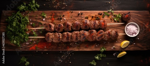 Top view of a gray background with raw kofta or lula kebabs skewers on a butcher board