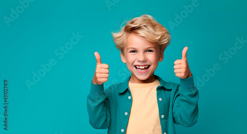 Portrait of happy little boy showing thumbs up posing for camera on bright turquoise background. Hispanic little boy cool smile on face, copy space background.