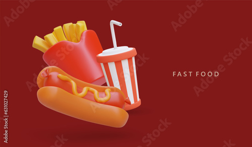 Realistic hot dog, french fries, cold sweet drink. Classic fast food. Street snacks. Food for cinema, walks in park. Banner with illustration on dark red background