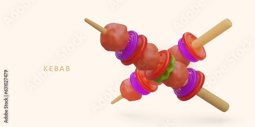 Realistic kebab with vegetables. Fried meat on skewer. Delicious shashlik with onions, tomatoes, greens. Hot barbeque food. Advertising banner for web design