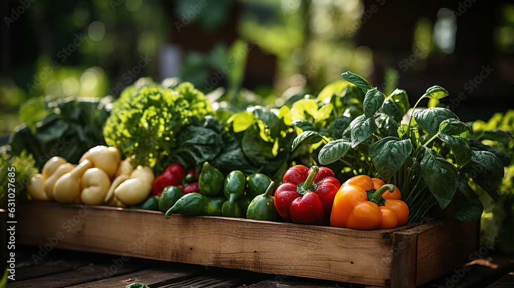 wooden box with fresh vegetables. A new crop. Generative AI