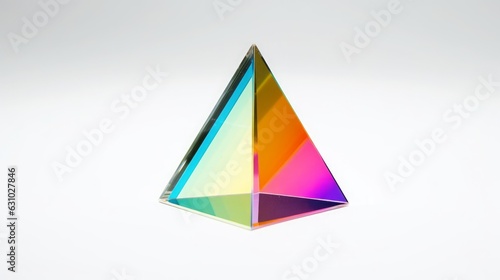 Refraction of light in a color dividing glass prism. Focus is front edge. Shallow depth of field. isolated on neutral white with natural shadows, Generative AI