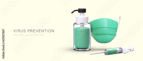 Web poster with syringe. Virus prevention concept. Liquid alcohol disinfectant and mask for prevention of pandemic and epidemic diseases. Vector illustration